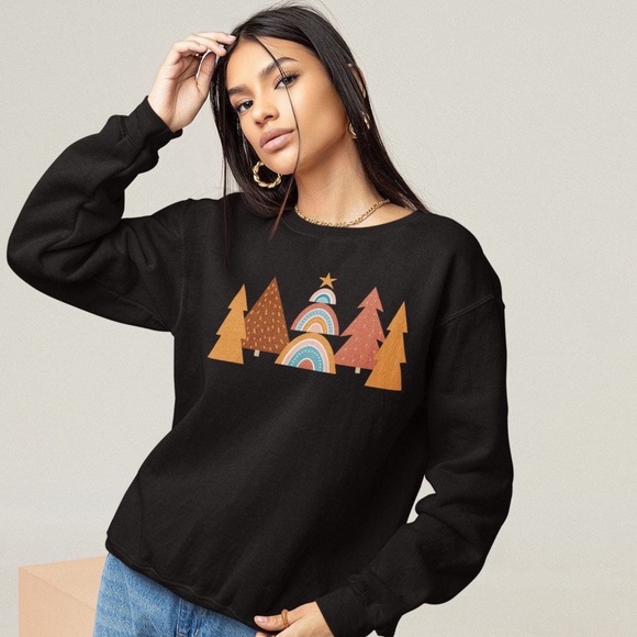 Boho Retro Pastel Christmas Tree Rainbow Sweatshirt - Picture 2 of 4